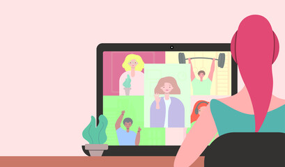 Video call, video conference at home. The girl communicates via video link with relatives and friends. Concept: communication during quarantine and at a distance. Vector illustration, eps 10.