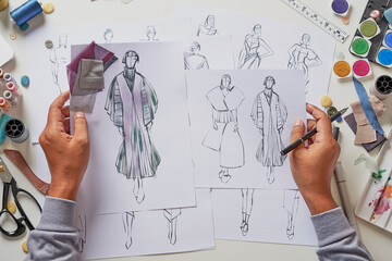 Fashion designer stylish drawings sketches textile fabric material Costume. Designer creative...