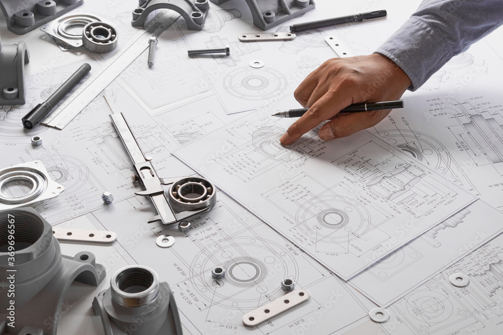 Poster engineer technician designing drawings mechanical parts engineering engine.manufacturing factory ind