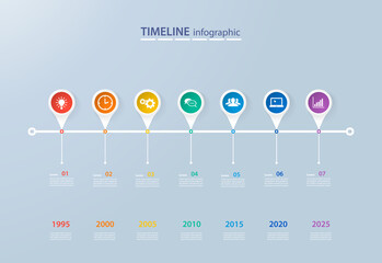 Infographics timeline template with realistic colorful circles for 7 steps and icons. Can be used for workflow layout, diagram, number options, step up options, web design, infographics, presentations
