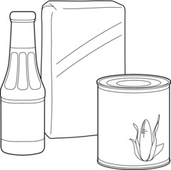 A vector line art illustration of food products: a flour package, ketchup glass bottle and a canned corn