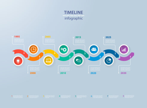 Infographics timeline template with realistic colorful circles for 8 steps and icons. Can be used for workflow layout, diagram, number options, step up options, web design, infographics, presentations