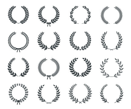Collection of  circular laurel wreaths. Can be used as design elements in heraldry on an award certificate manuscript and to symbolise victory illustration in silhouette