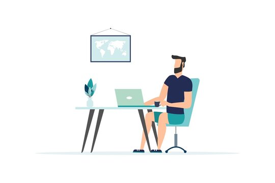 Working at home, coworking space, concept illustration. Young people, man freelancers working on laptops and computers at home. People at home in quarantine. Vector flat style illustration