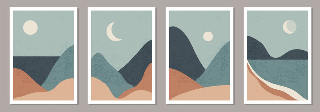 Set of trendy minimalist landscape abstract contemporary collage designs