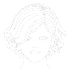 Head contour of a girl with a short haircut. A girl face with a serious expression. Front view. Vector illustration