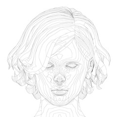 Head contour of a girl with a short haircut. A girl face with a serious expression. Front view. Vector illustration
