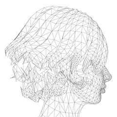 Low poly head wireframe of a girl with a short haircut. Side view. Vector illustration