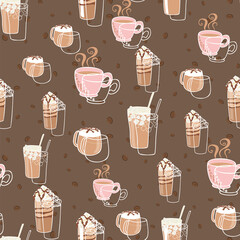 hand drawn cute different types of coffee on coffee bean background vector seamless pattern design
