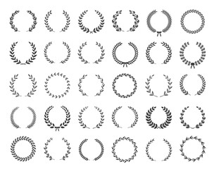 Big collection of thirty different black and white silhouette circular laurel foliate and oak wreaths depicting an award, achievement, heraldry, nobility. Vector illustration.