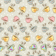 hand drawn cute different types of coffee cup polka dot background vector seamless pattern design