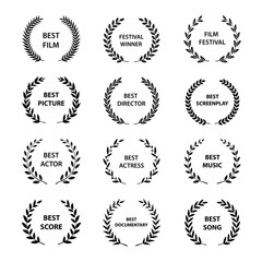 Set of black and white silhouette film award wreaths. Vector illustration.