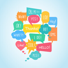 Set of colorful speech bubbles and thought clouds. Can by used to indicate communication, dialog, for infographics. Vector illustration