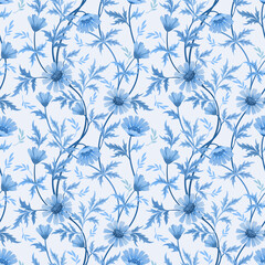 Fototapeta na wymiar Seamless floral pattern on blue monochrome background fabric textile wallpaper