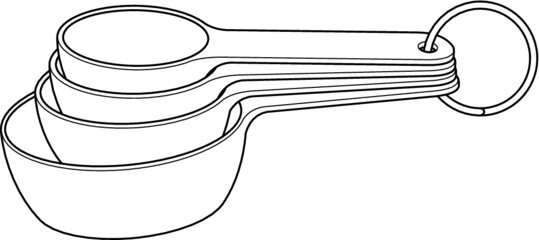 A vector line art illustration of a set of five measuring cups