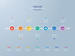 Infographics timeline template with realistic colorful circles for7 steps and icons. Can be used for workflow layout, diagram, number options, step up options, web design, infographics, presentations