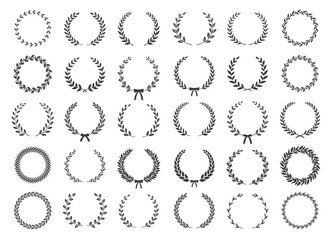 Set of black and white silhouette circular laurel foliate and oak wreaths depicting an award, achievement, heraldry, nobility. Vector illustration. - obrazy, fototapety, plakaty