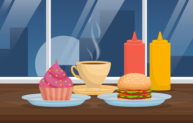 Snack on Table Cafe Restaurant City Skyscraper View Illustration
