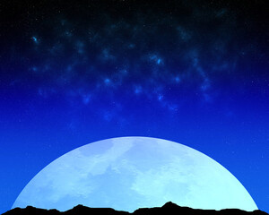 Blue moon rising over hills with a star background