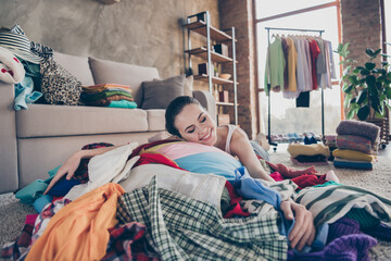 These all are mine. Photo of pretty greedy lady stay home quarantine lying hug many heap stack...