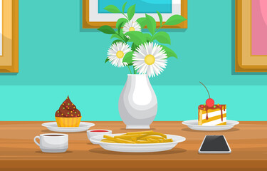 Cake Flower Cup of Coffee on Table Cafe Restaurant Illustration