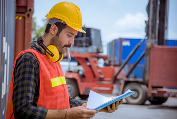 Portrait dock worker under working and checking production process on dock container warehouse by...