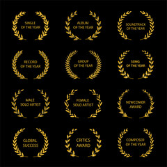 Music Awards. Gold award wreaths on black background. Vector illustration.