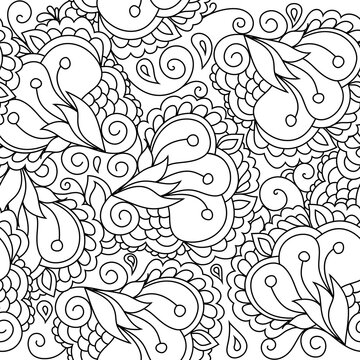 Zentangle inspired textile pattern with waves and curles. Colorful hippie style seamless texture with oriental boho chic motives