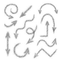 Grunge arrows set on white. Hand drawn vector arrows. Spray texture. Vector illustration.