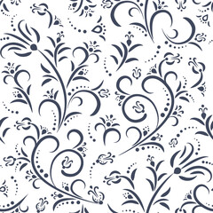 Seamless white background with blue floral pattern in baroque style. Abstract decorative retro illustration