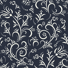 Seamless blue background with white floral  pattern in baroque style. Abstract decorative retro illustration
