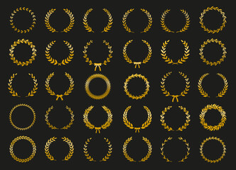 Collection of gold circular laurel wreaths for use as design elements in heraldry on an award certificate manuscript and to symbolise victory illustration in silhouette