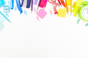 back to school, multicolored school supplies, rainbow on white background, flatley, copyspace