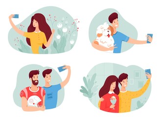 People make selfie scene set, vector character illustration