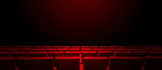 Cinema movie theatre with red seats rows and a black background. Horizontal banner