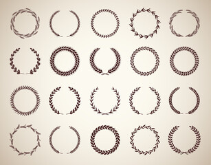 Collection of twenty circular vintage laurel wreaths. Can be used as design elements in heraldry on an award certificate manuscript and to symbolise victory illustration in silhouette