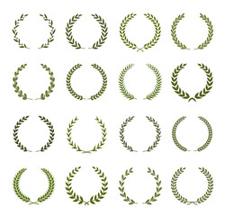Collection of different  silhouette circular laurel foliate, wheat and oak wreaths depicting an award, achievement, heraldry, nobility. Vector illustration.
