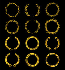 Golden wreaths and ears wheat. Design element for decoration of  award, medal, coat of arms or anniversary logo.  Golden silhouette on black background. Vector illustration