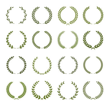 Collection of different  silhouette circular laurel foliate, wheat and oak wreaths depicting an award, achievement, heraldry, nobility. Vector illustration.