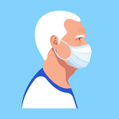 Aged man in a medical face mask profile portrait on blue background. Covid-19 older people protection concept.