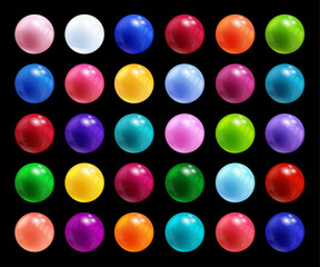 Set of colorful round vector spheres or balls  with reflective shiny dimensional surfaces for celebrating Christmas New Year