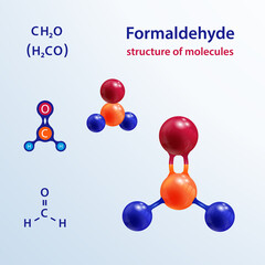 Structure of molecules. 3 D formaldehyde (formalin) molecule. Icon and chemical formula, H2CO, 2d & 3d. Vector illustration.