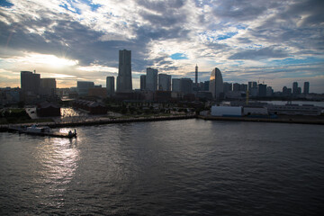 Naklejka na ściany i meble Sunset over Yokohama harbour, Yokohama, Japan