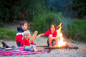 Family having picnic and campfire in the evening near river