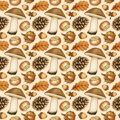 Watercolor seamless pattern of mushroom, pine cone, chestnuts, acorns, leaf. Background with hand drawn autumn forest plant, elements for design poster, textile, card, wrapping paper, scrapbooking