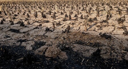 Pieces of dry straw after a burning crop, the texture of the soil cracked