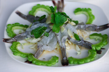 Shrimp in fish sauce, hot and spicy, seafood thai (spicy salad shrimp in fish sauce) Blurred and selective focus, Still life, image and Still Life food.