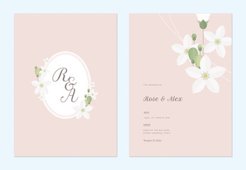 Floral wedding invitation card template design, orange jasmine flowers with leaves on pink
