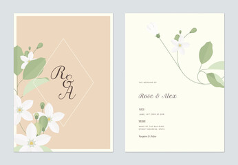 Floral wedding invitation card template design, orange jasmine flowers with leaves