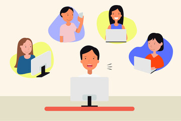 business team work with tecnology flat illustrator